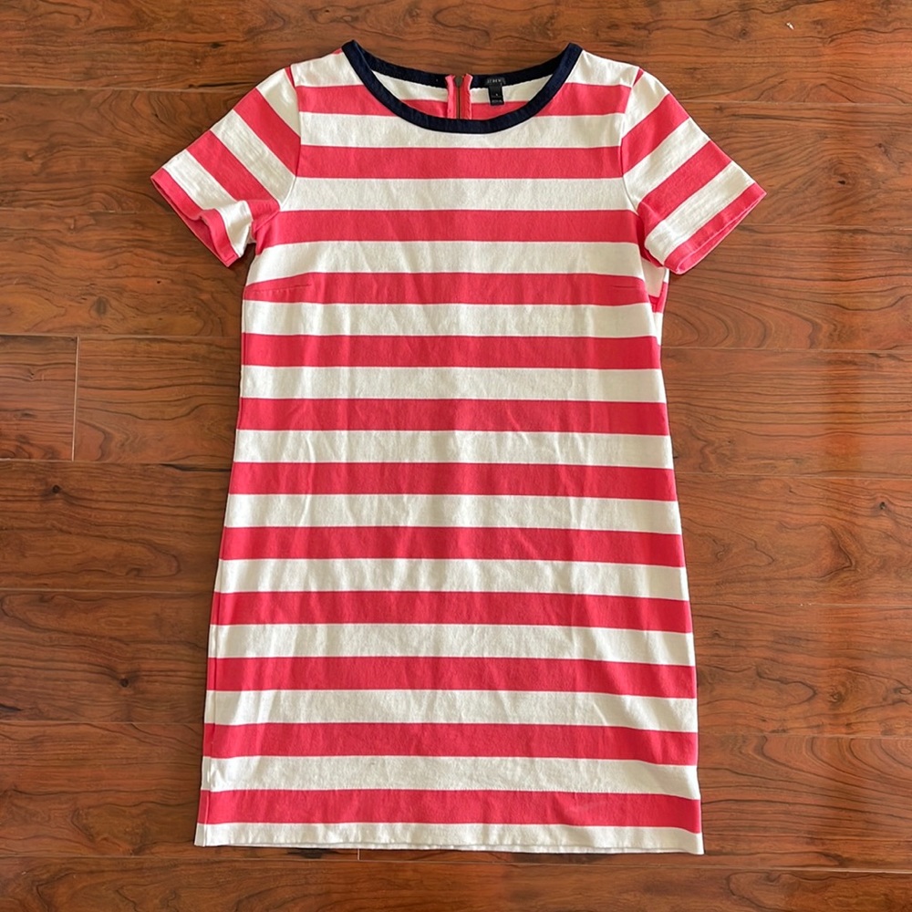 J. Crew Pink and Cream Striped Short Sleeve Midi Dress